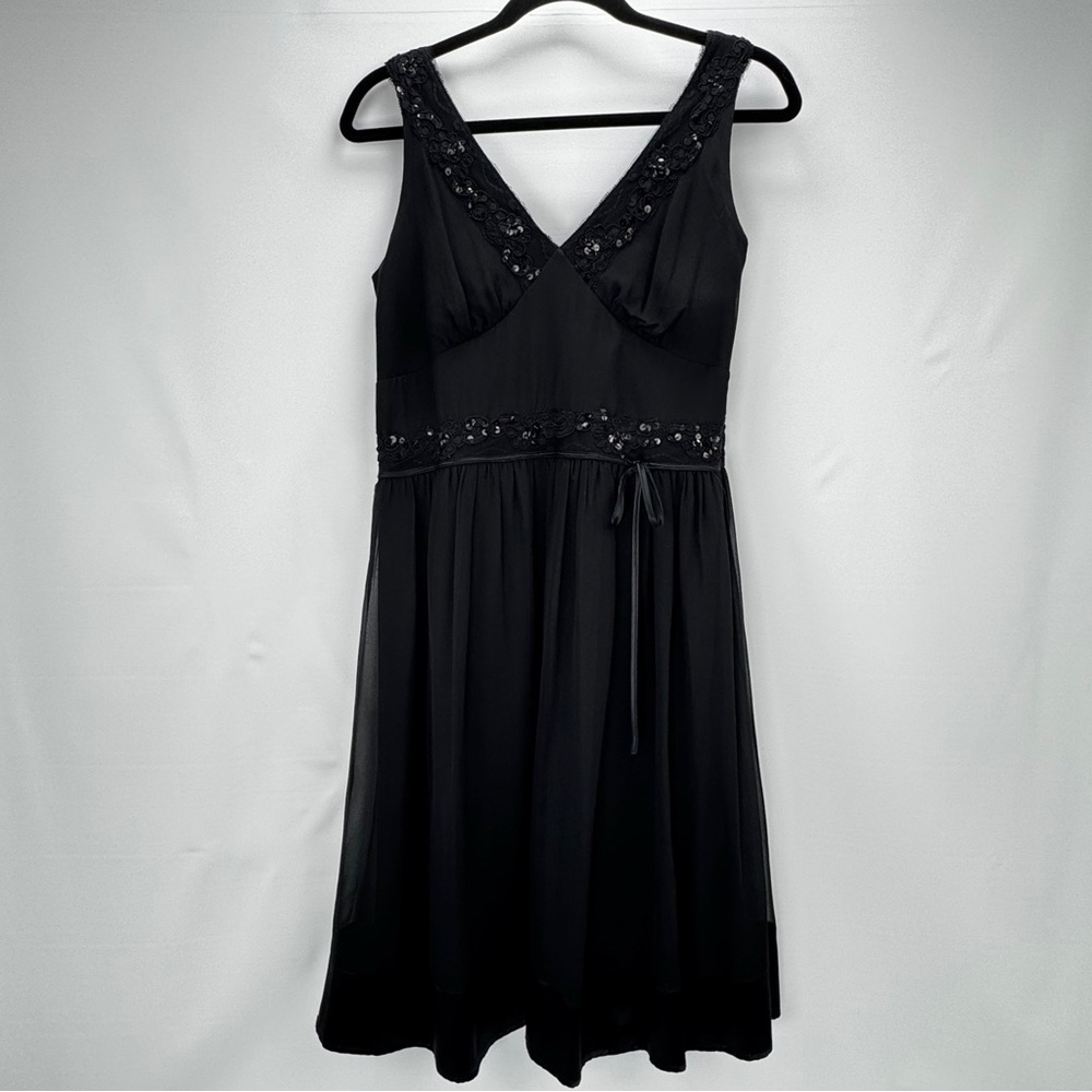 Women 10 M Black 100% Silk Beaded Sequin V-Neck Flowy Midi Dress